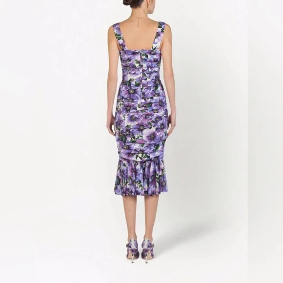 DOLCE & GABBANA PURPLE FLORAL PRINT SILK PENCIL DRESS- SIZE 42 (US 6) - Picture 3 of 14